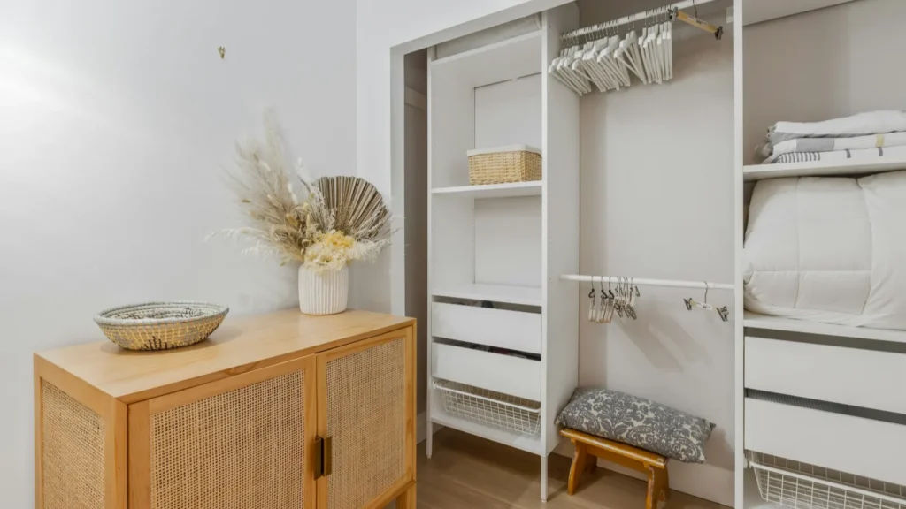 Solid wooden bed frame with thick white mattress showing edge depth and premium construction